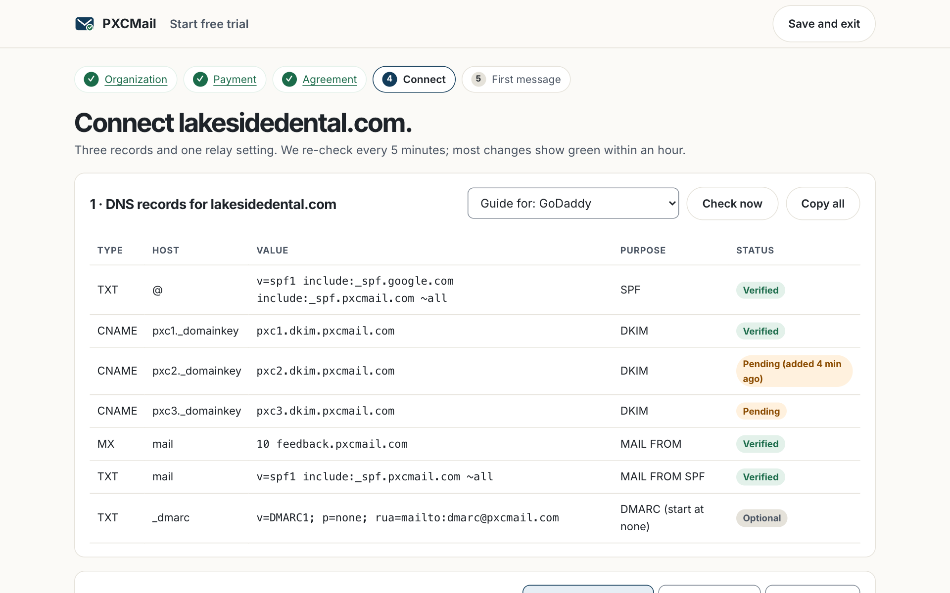 Prototype screen: The connection wizard checks each record every five minutes and shows exactly what is still pending