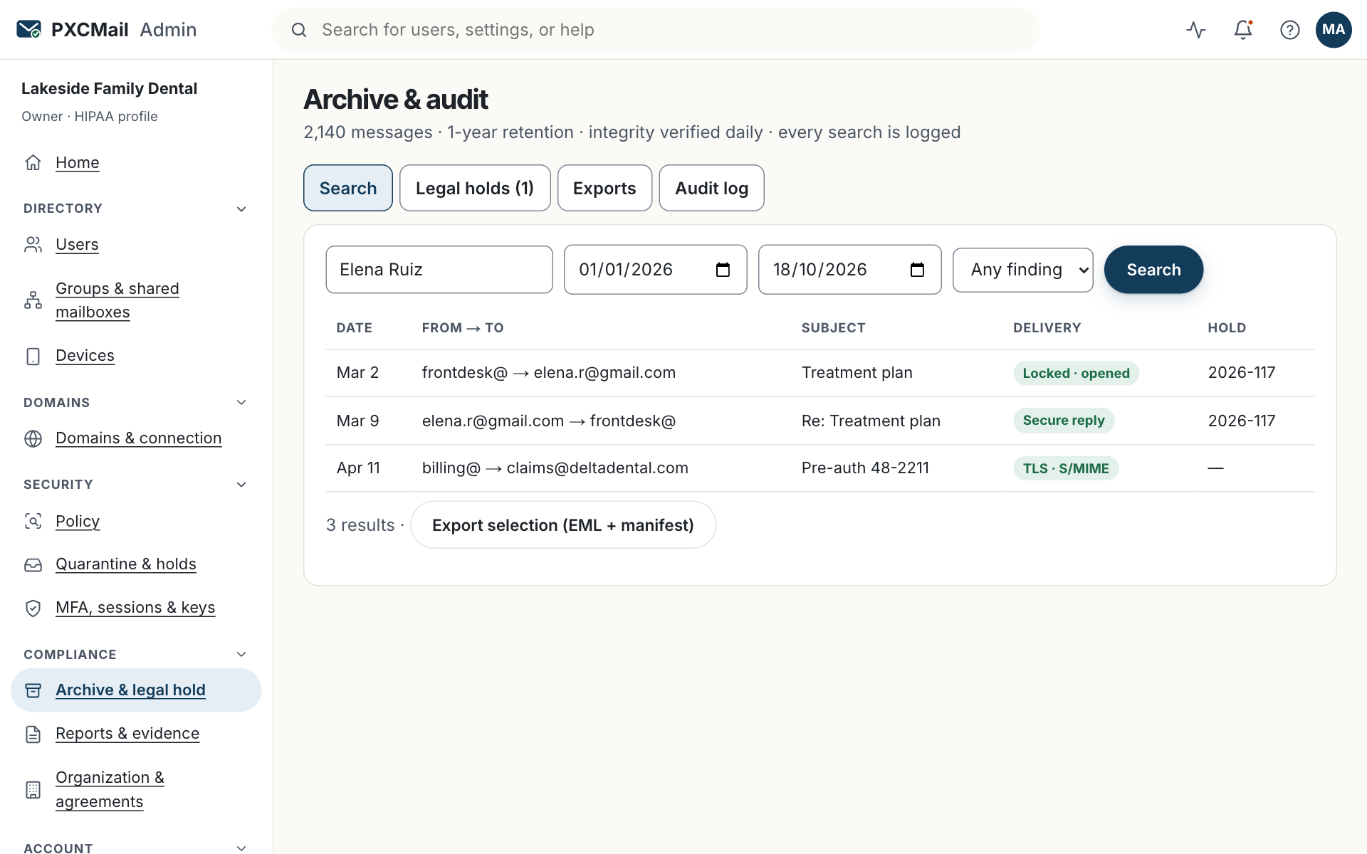 Prototype screen: Archive & audit