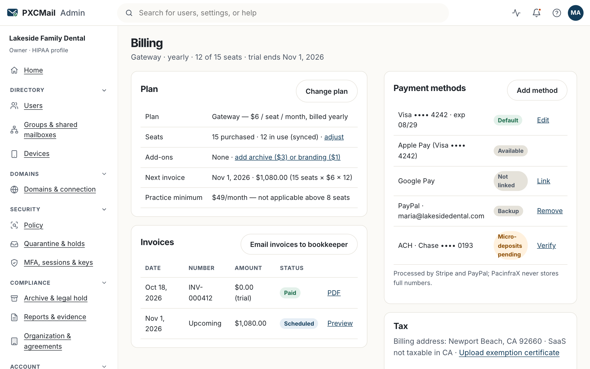 Prototype screen: Billing