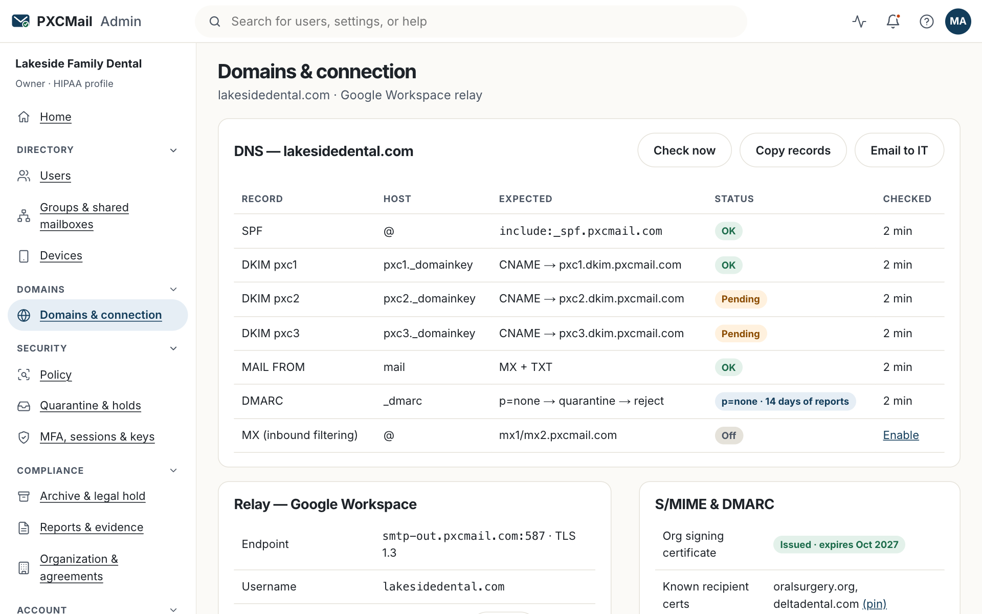 Prototype screen: DMARC sources over 14 days appear under Domains & connection before you move to p=quarantine