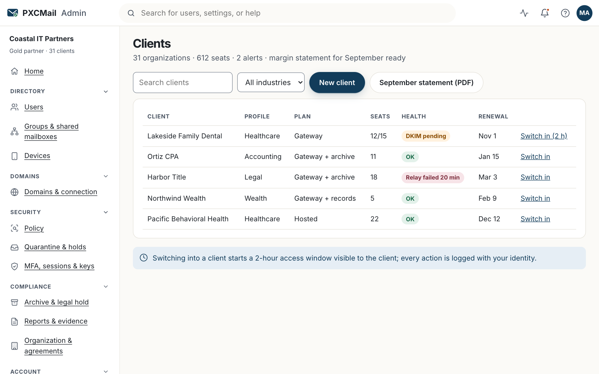 Prototype screen: Partner view