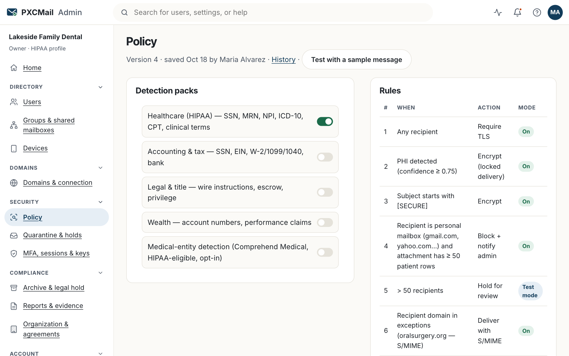 Prototype screen: Custom patterns are added under Policy and evaluated with the sample-message tester