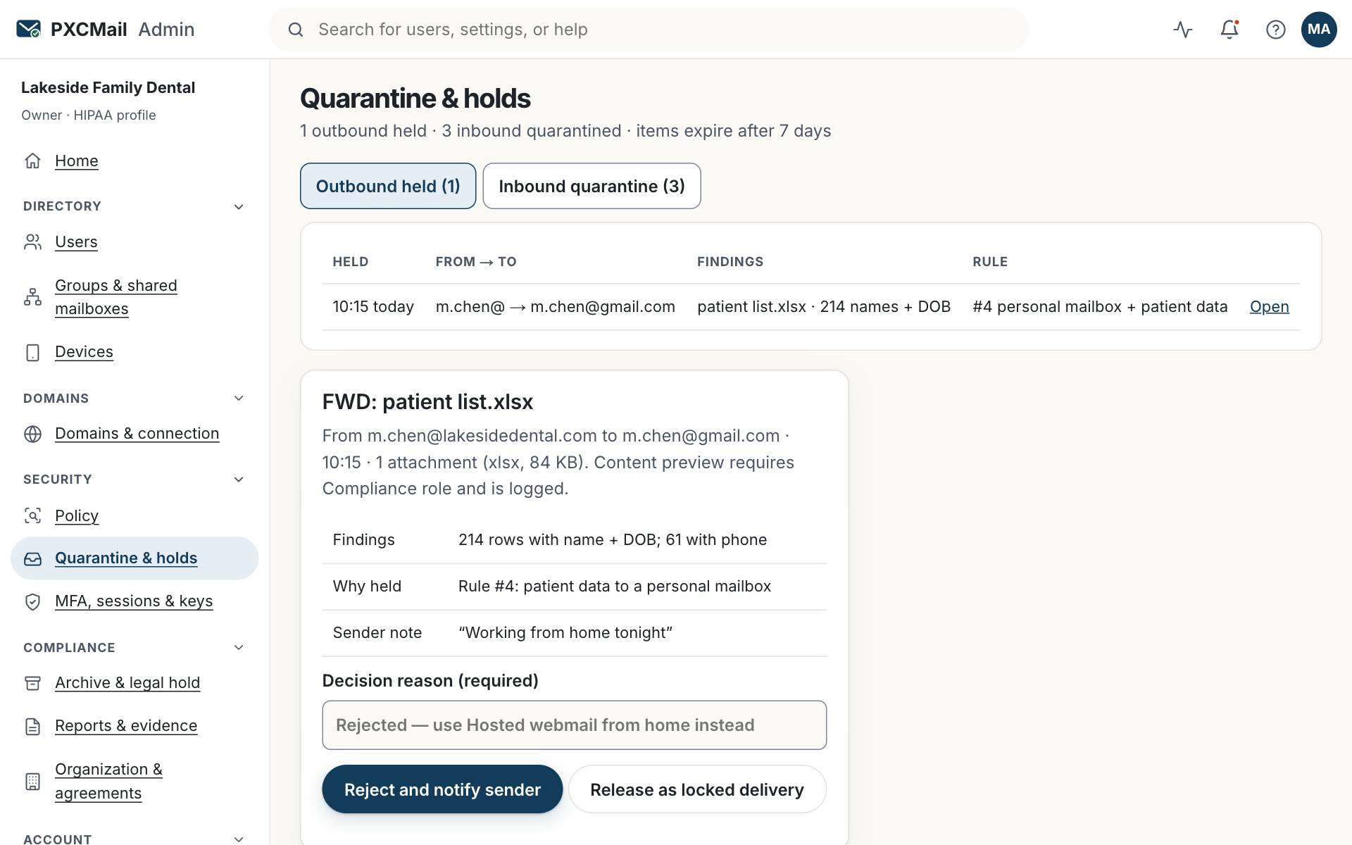 Prototype screen: Quarantine & holds