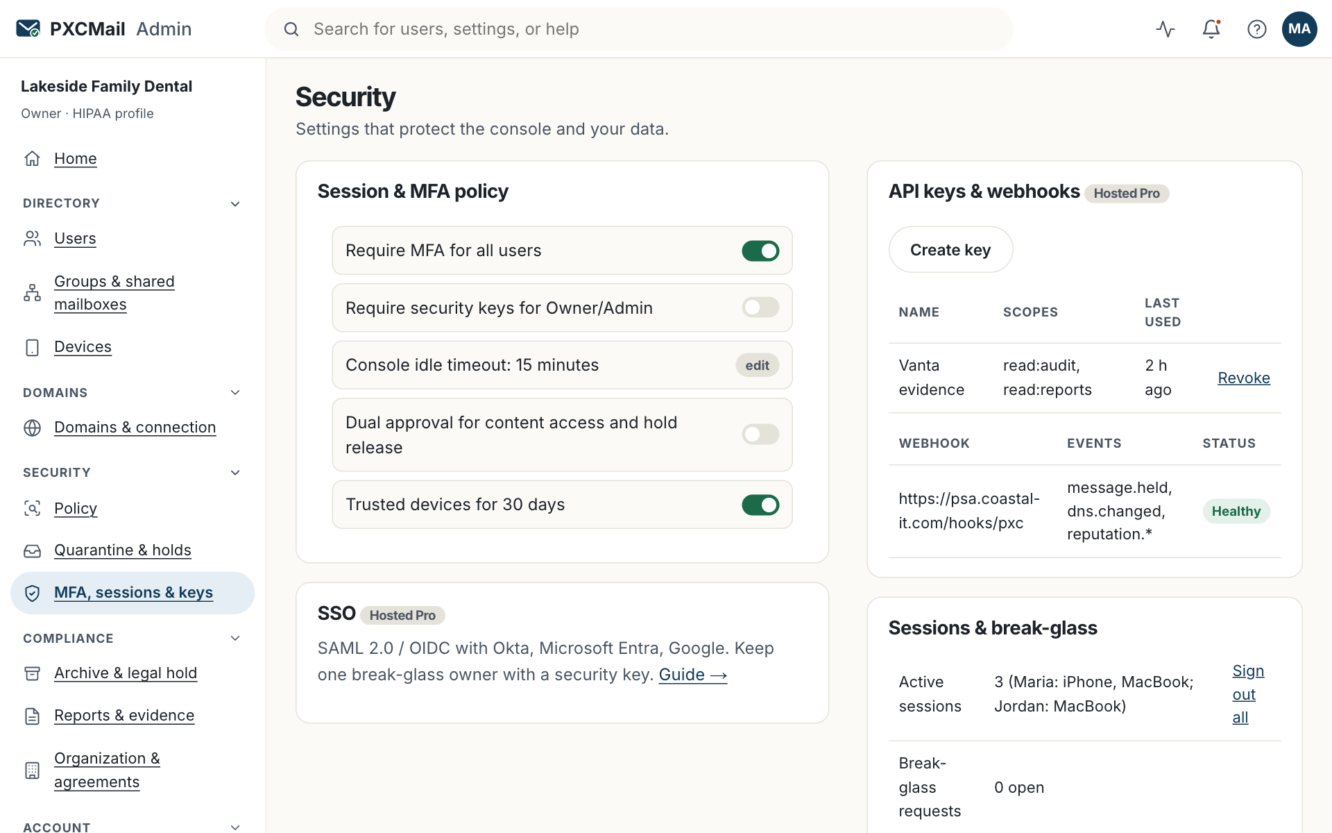 Prototype screen: SSO is configured under Security on Hosted Pro; keep one break-glass owner with a security key