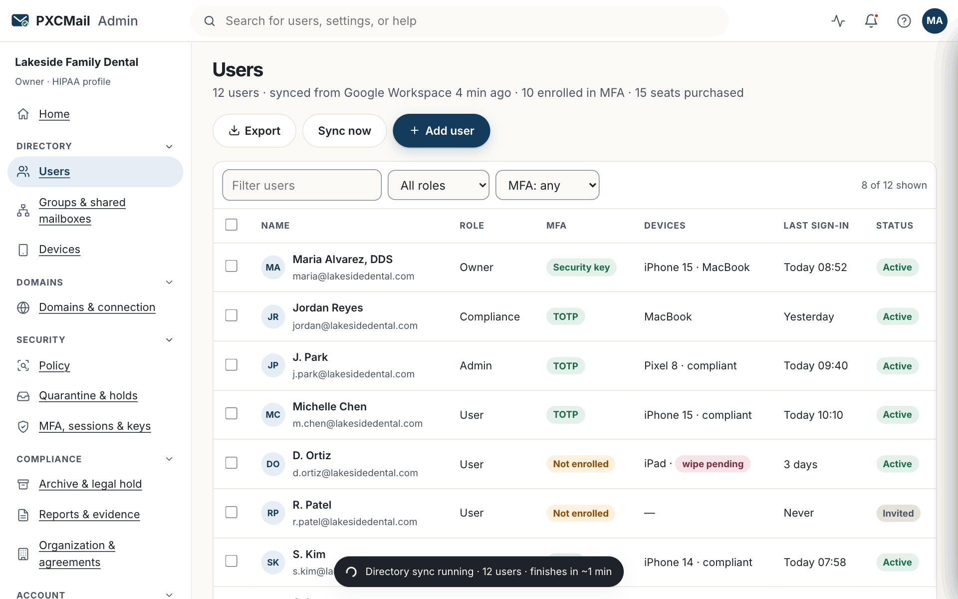 Prototype screen: Users & devices shows every synced user, MFA status and each enrolled device