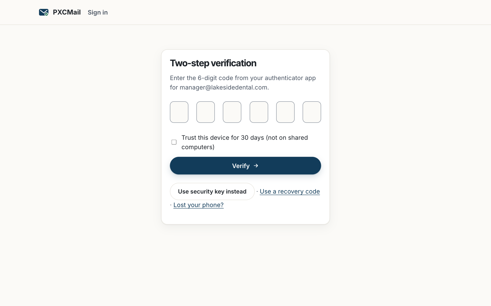 Prototype screen: Sign-in asks for a 6-digit code, a security key or a recovery code after the password
