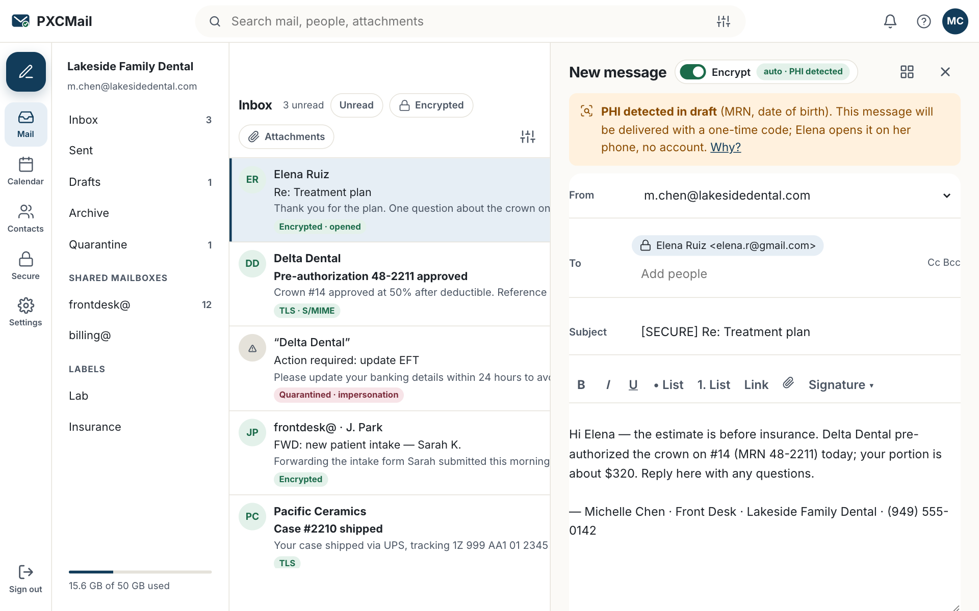 Prototype screen: Compose detects PHI as you type and shows how the message will be delivered before you send